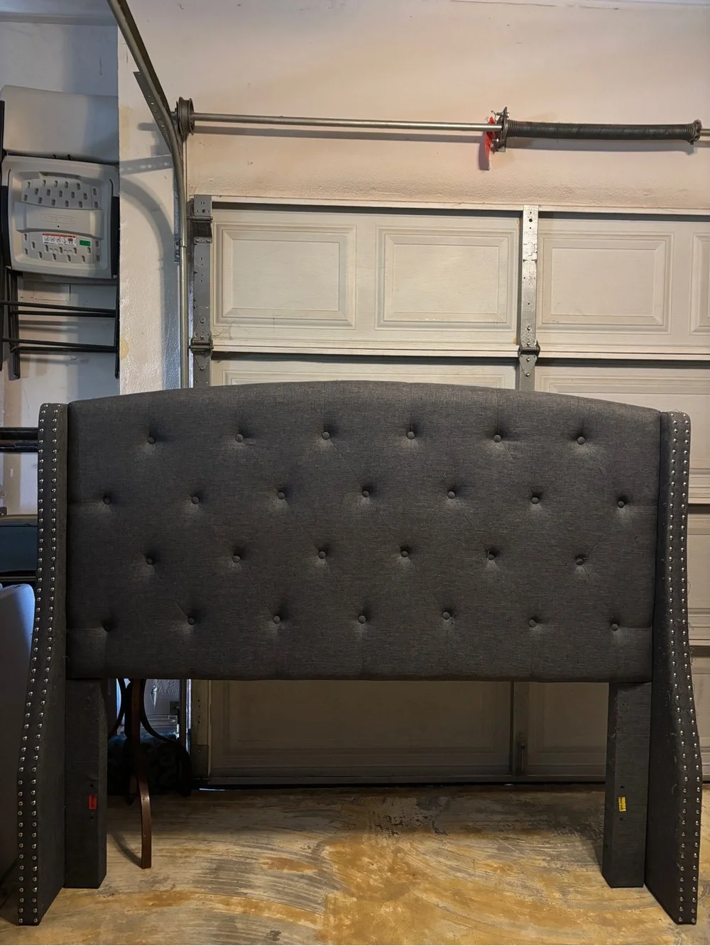 Queen Tufted Dark Gray Upholstered Headboard with Nailhead Trim